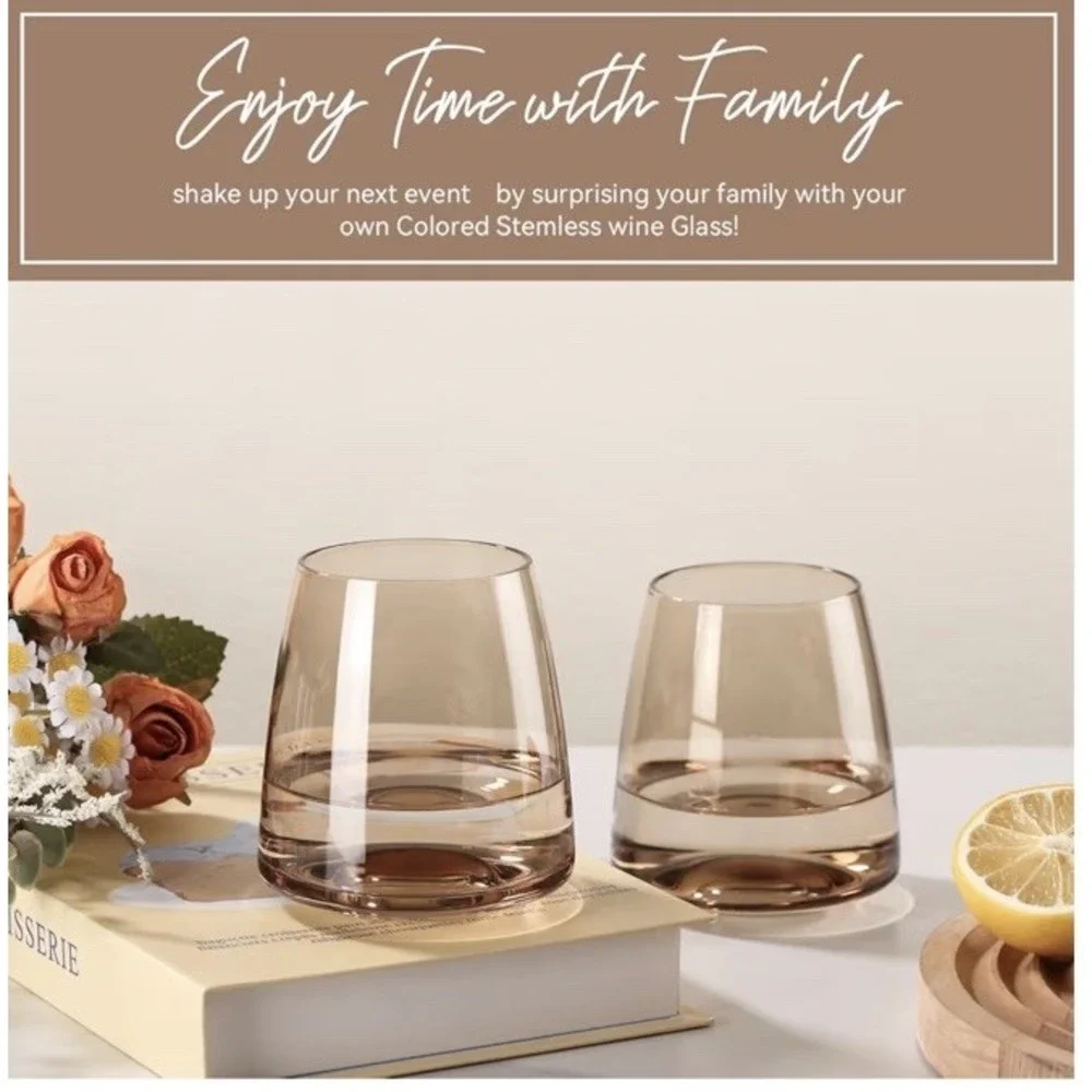 Smokey Grey Stemless Wine Glasses Set of 6-15 oz Hand-Blown Crystal Colored G...